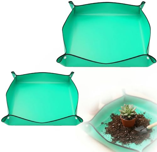 DASHUI Pflanzmatte 2er Set – wasserdichte Umtopfmatte aus PE, faltbar mit Druckknopf-Ecken, für Indoor & Outdoor, für Sukkulenten, Bonsai & Zimmerpflanzen, 66x66 cm + 50x50 cm, Grün