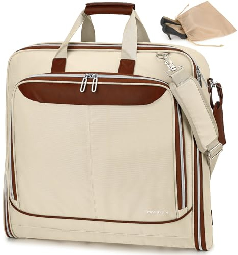 TONRUYN Kleidersack Anzugtasche Damen für Kleider Anzüge Kleidertasche Handgepäck für Business Reisen 2 in 1 Faltbare Hängekoffer Anzugsack mit Schultergurt, 15,6-Zoll-Laptop, Beige
