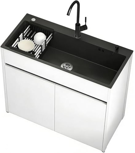 Lavello da Esterno Autoportante con Mobile per Giardino e Officina, lavabo in acciaio inox nero, corpo in alluminio alveolare con piedini regolabili, miscelatore caldo/freddo e kit di scarico inclusi