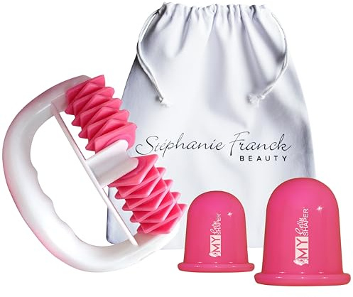 Stephanie Franck Beauty Cellulite Massage Premium – Massageroller & 2 Schröpfgläser (5,5 & 7 cm) – Set für glatte Haut & Körperstraffung – inkl. Baumwollbeutel, Rosa