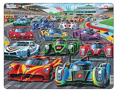Larsen Puzzles PG1, Kinder Rahmenpuzzle Racing Cars auf der Strecke, 38 Teile, ab 3 Jahre, Lernspielzeug, Konzentration, Spielspaß
