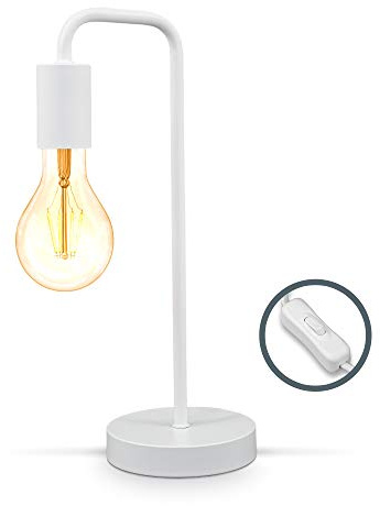 B.K.Licht - Nachttischlampe mit Kabelschalter, E27 Fassung, Vintage, Tischlampe, Lampe, Schreibtischlampe, Tischleuchte, Bürolampe, Leselampe, Leselicht, Retro, 13x38 cm, Weiß