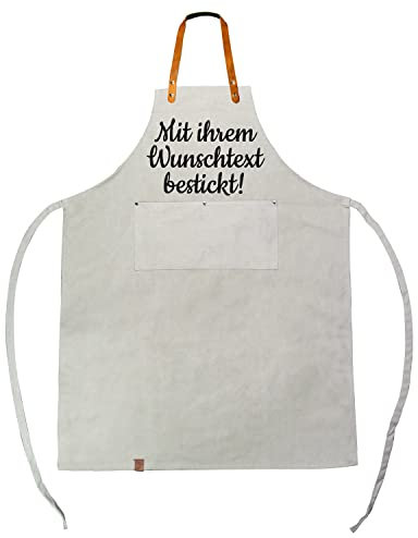 Deitert Grillschürze & Kochschürze mit Namen oder Wunschtext bestickt - Nackenband aus Leder - individuell personalisiertes Geschenk mit Stickerei (Grau)