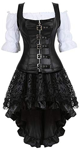 Grebrafan Woman Viking Leather Corset with Gothic Skirt and Blouse L Black