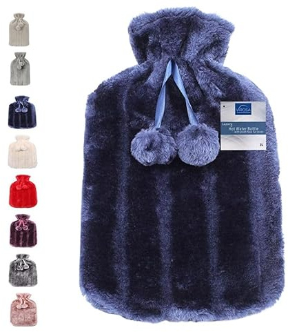 VIROSA Luxury Hot Water Bottle with Soft Faux Fur Cover & Pom Poms – 2 Litre Large Leakproof Rubber Bottle for Neck, Shoulder, Back Pain Relief & Hand and Feet Warmer (Royal Blue)