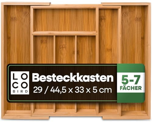 Sidorenko Loco Bird - Organizador de cubiertos para cajones de cocina de bambú con hasta 7 compartimentos y organizador de cubiertos útil para cocinas - almacenamiento cubiertos cajón de cocina