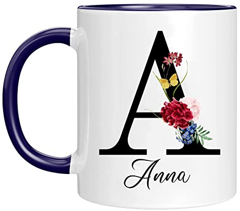 Naispanda Tasse Personnalisé de nom avec Motif Fleurs Votre Première Lettre et à Café Anniversaire Personnalisée Imprimée des Deux Côtés Cadeau Personnalisable Mug pour Femme