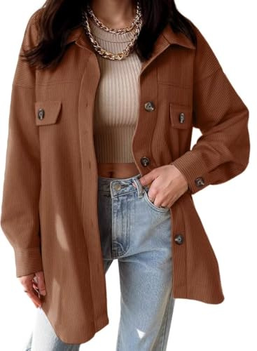 VICHYIE Womens Petie Corduroy Shacket Blouses Lapel Button Down Shirts Pocket Long Sleeves Tops Jacket Coats Coffee S