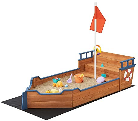 Sandkasten Mestia mit Piratenschiffoptik 136 x 193 x 94 cm Holzsandkasten Sandkiste Sandbox mit aufklappbarer Sitzbank Holz Natur