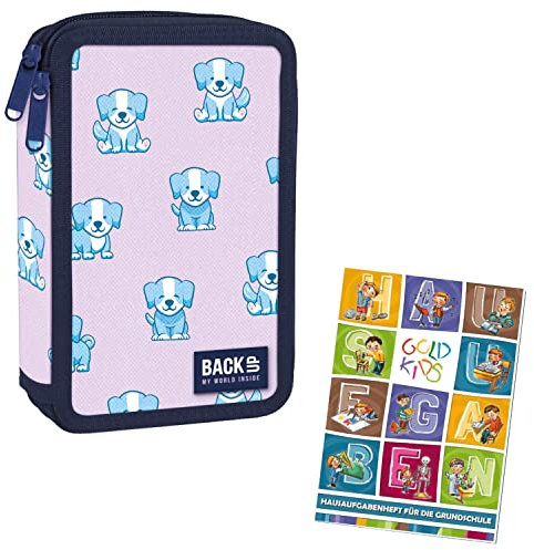 Goldkids Federtasche 2-fache Federmappe Federmäppchen 32-teilig gefüllte Schüleretui Stifte und Pinsel inkl. Aufgabenheft Federbox Etui Stiftetasche Schlamper-Etui Schul-Etui Hund Dog Motiv