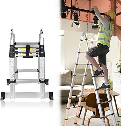 Jopassy 1,9M+1,9M Teleskopleiter, Aluminiumleiter - Rutschfester Klappleiter Stehleiter Mehrzweckleiter -6+6 Sprossen - 150 kg/330 Pfund Belastbarkeit