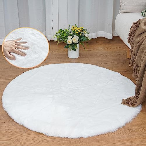 ORINOVA Teppich Rund Schlafzimmer Flauschig Weiß 90 cm Fellteppich Kunstfell Teppich Wohnzimmer Kinderzimmer Kuschelig Waschbar