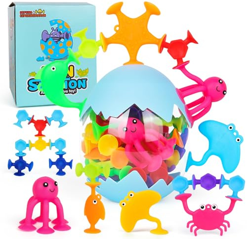 Juego de Ventosas para Niños, 50 Piezas Juguetes de Baño para Niños de 3 Años, Silicona de Succión para Bebés, Juguetes Sensoriales Interactivos