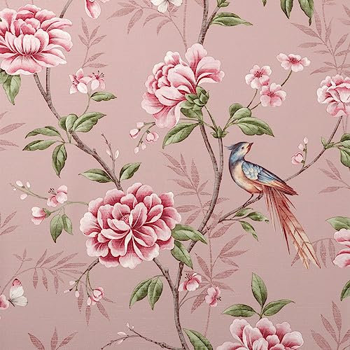 Akina Floral Blush Pink Luxury Fabric Effect Wallpaper - Flowers Birds Leaves - Modern Contemporary Textured Vinyl