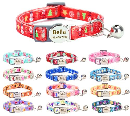 Moonpet Personalisiertes Katzenhalsband mit Namen und Telefonnummer, Katzenhalsband mit Sicherheitsverschluss und glöckchen-Weihnachtlicher Stil
