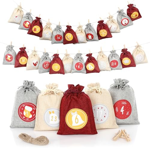 Nordstern Adventskalender Säckchen zum Befüllen 2025-24 große Jutesäckchen mit Schnur und Klammern - DIY Weihnachtskalender Beutel für Kinder