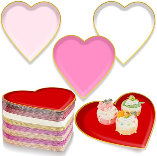 Bdecoll 48 platos de papel desechables en forma de corazón, corazón rojo y rosa, vajilla decorativa para el día de San Valentín, aniversario, cumpleaños, boda, fiesta