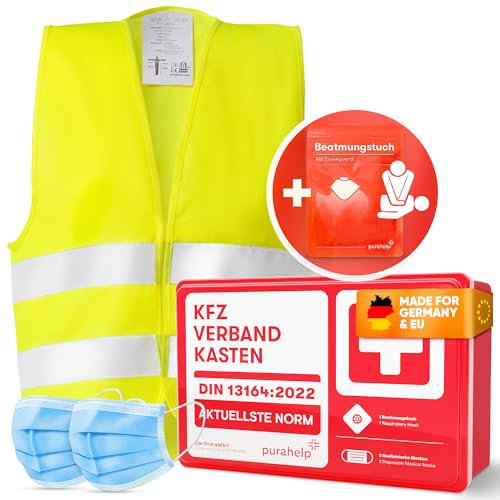 PURAHELP Warnweste Auto + KFZ Verbandskasten DIN 13164 - Europaweit gültig - Reflektierende Warnwesten Auto - Sicherheitsweste Auto Warnweste Gelb - Warnschutzweste - Sicherheitswesten für Erwachsene