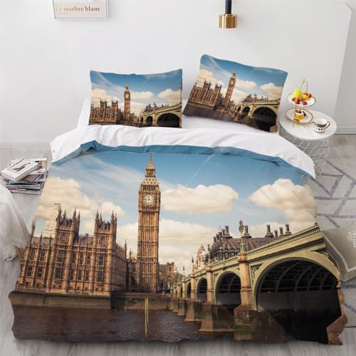 DILANI Bettwäsche 220x240 London Big Ben Bettwäsche-Set 3 Teilig 3D Druck Stadtansicht Bettbezug Weich Mikrofaser Bettbezüge mit Reißverschluss und Kissenbezug 80x80cm für Erwachsene Kinder