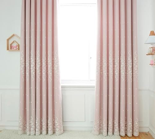 Beydodo Gardinen Polyester Rosa, Vorhänge Wohnzimmer Haken 2er Set Doppellagig Stickerei mit Blumen Motiv Nordisch 86x115CM Vorhang Halbtransparent Wohnzimmer Schlafzimmer Kinderzimmer