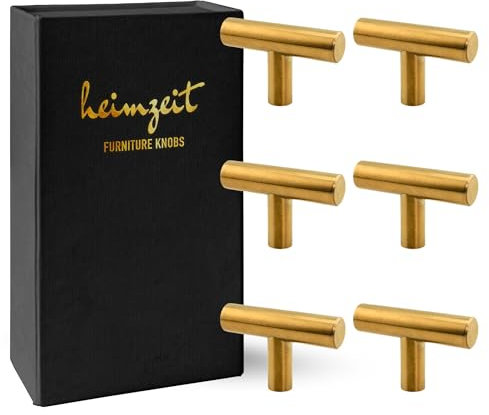 heimzeit Tiradores de Armarios y Cómodas de Acero Inoxidable para Puertas y Cajones [6 Piezas, en forma de T] Color: Oro, Diseño Elegante, Pomos Armario con Manija de un agujero con tornillos