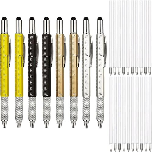KEWAYO Multifunktionsstift 8 pack, 6 IN 1 Multifunktions Kugelschreiber mit Lineal, Wasserwaage, Stylus, Schraubendreher, Minen, kreative Geschenke für Männer (gelb, schwarz, gold, silber) (8)
