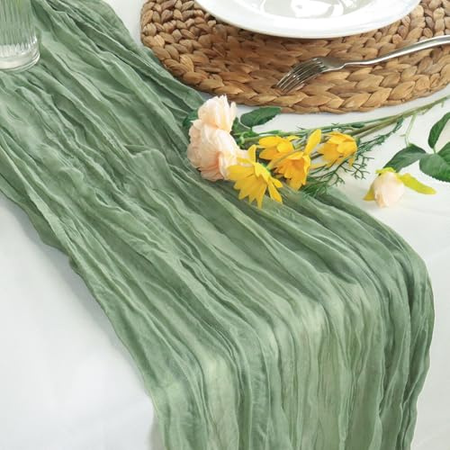 Sevenpers Musselin Tischläufer - 4 PCS Salbeigrün, 90x300cm - Eukalyptus Grün für Hochzeitsdeko, Geburtstagsfeiern, Taufe - Waschbar