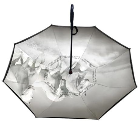 Großer Regenschirm, umgekehrter Regenschirm, winddicht, doppellagig, umgekehrt, zusammenklappbar, für Auto, Regen, Outdoor, C-förmiger Griff, Regenschirm, Herde von weißen Pferden, die durch Wasser