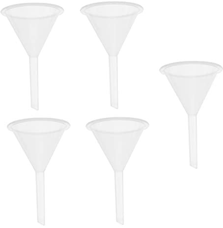 OKUMEYR Imbuti Di Plastica Piccoli Da 60 Ml, Imbuto Filtrante Trasparente Multiuso Per Olio, Benzina e Fluidi, Set Da 5 Pezzi Impilabili Per Laboratorio e Manutenzione Automotive