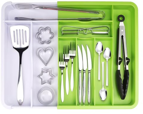 ANJUKE Besteckkasten für Schubladen 30 50, Kunststoff Besteckeinsatz (Tiefe 33 cm), BPA-freiem Material, Mehrzweck Schubladen Organizer Küche für Besteck, Cutlery, Geschirr, Löffel, grün & weiß