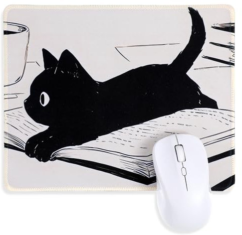 Qianyu Black Cat Mouse Pad Cute Anime Mousepad Funny Square Mouse Mat Kawaii Desk Accessories with Stitched Edges Non-Slip Rubber Base for Wireless Mouse Computer Laptop Office Desktop Decor
