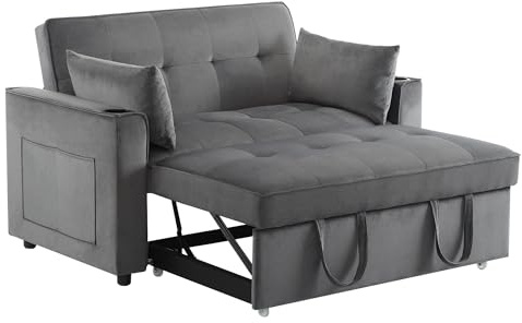 SOFTWEARY Schlafsofa mit Bettfunktion, 2-Sitzer mit Rückenkissen und Armlehnen, Samt Bezug, Polstersofa, Loungesofa (grau)