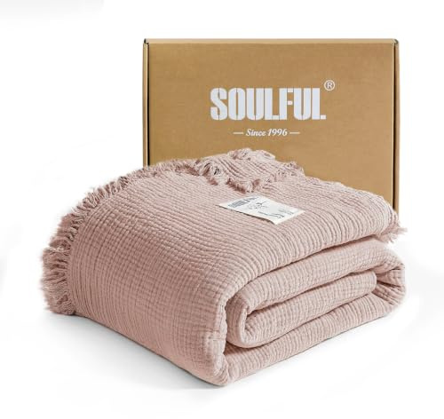 SOULFUL Musselin Decke 228x228 mit Quasten - Champagner Rosa | 4-Lagige Baumwolle Überwurf Kuscheldecke - Leichtes und Atmungsaktives - ÖKO-TEX Zertifiziert Weich Tagesdecke für Couch Sofa