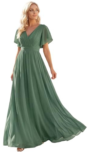 Ever-Pretty Women's V-Neck Ruffle Sleeves Ruched Bust Chiffon Floor Length Bridesmaid Dresses 0164A