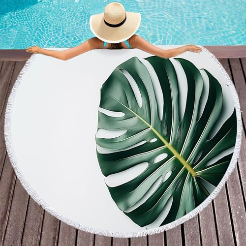 Serviette de Plage Ronde,Feuille De Monstera Géante Microfibre Super Souple Multi-usages Femme Tapisserie Ronde Plantes Simples Serviette Plage Yoga Glands Décoratifs Indien Châle de Yoga,150cm