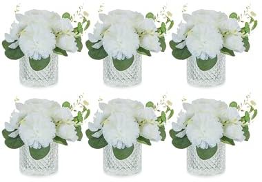 NUPTIO Kleine Künstliche Blumen in Vase: 6 Stück Weiß Fake Seidenblumen mit Glas Vasen für Wohnzimmer Tischdeko - Dekoblumen Kunstblumen Rosen Mittelstück für Hochzeitsdeko | Künstliche Rosenarrangements aus Seide für den Tisch, für Wohnzimmer, Badezimmer, Büro, Heimdekoration