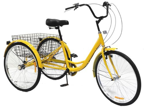 Wasd3Pods Dreirad Für Erwachsene, 24-Zoll-Dreirad Mit 7 Gängen, Mit Korb Und Verstellbarem Sitz, Picknick-Einkaufsdreiräder Für Männer, Frauen Und ältere Menschen,Yellow