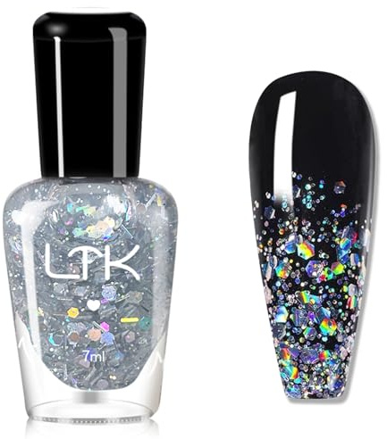 Silver Glitter Nail Varnish - Clear Glitter Top Coat Nail Polish - 60 Seconds Quick Dry nail varnish - Shimmer Sparkly Nail Polish Iridescent Shine No Chip Long Lasting for Women Girls nail Art Home