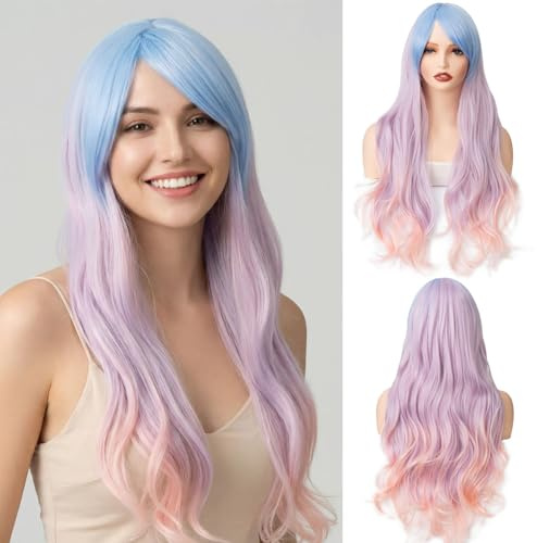 PARXITN Damperuk ombre blå rosa lila peruk med lugg 70 cm (28 tum) lång vågigt lockigt för kvinnor cosplay halloween kostym karneval karneval