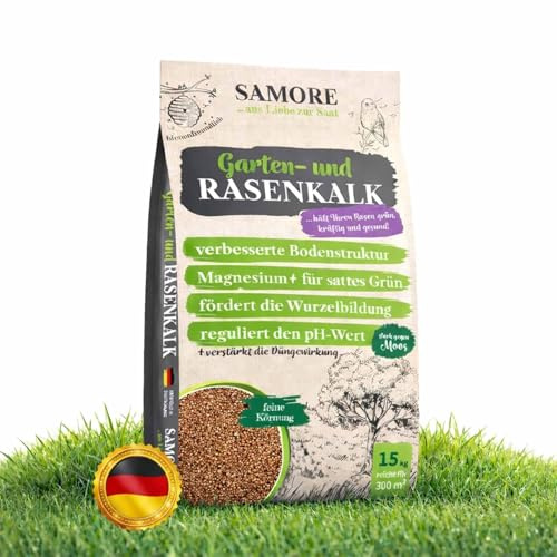 samore Rasenkalk (15 kg für 300 m²) Frühjahr & Herbst, bei Moos und Unkraut im Rasen, verstärkt die Düngung, verbessert pH-Wert & Bodenstruktur, extra fein, ideal für Streuwagen, tierfreundlich