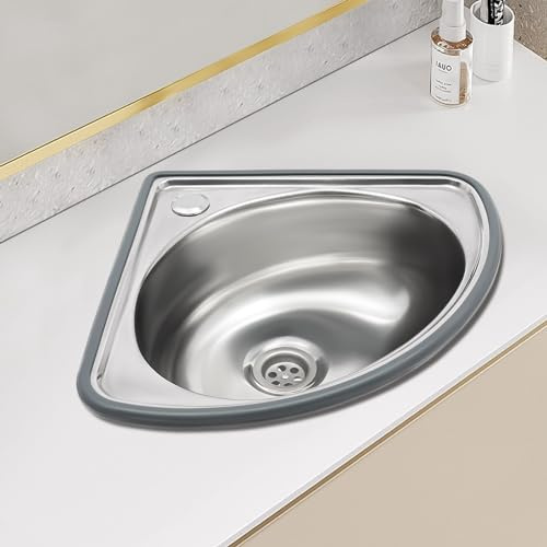 Kleines Wandwaschbecken für Badezimmer, dreieckiges Eckwaschbecken, Mini-Waschbecken, Edelstahl-Eckwaschbecken für Wohnmobile und kleine Räume, 17 x 14,5 Zoll großes silbernes Dreieckwaschbecken mit e
