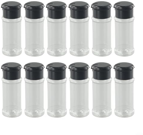 Besttoolifes Set di 12 barattoli per spezie con coperchio girevole, saliera e pepiera, contenitori riutilizzabili in plastica per condimenti da cucina, erbe aromatiche compatte