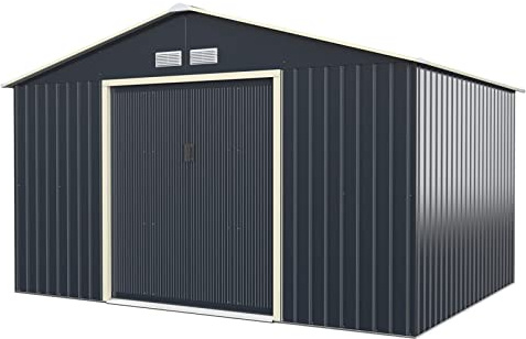 GOPLUS Gerätehaus Metall 10,85㎡, 340 x 319 x 210 cm Geräteschuppen mit Satteldach, 4 Lüftungsfenster & Schiebetür, Metallschuppen für Garten & Terrasse