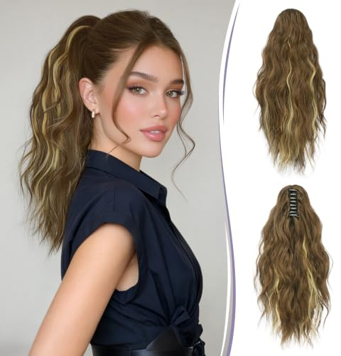 RUWISS Pferdeschwanz Haarteil mit Klammer, 35 cm Gewellter Pferdeschwanz Lockig Ponytail Extension Klammer für Damen (Hellbraun mit Aschblonden Strähnchen)