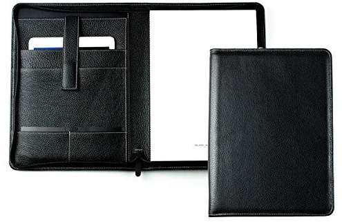 DELMON VARONE - Personalisierbare Tablet Schreibmappe DIN A4 aus Premium Soft Grain Leder schwarz, Organizer Konferenzmappe mit Notizblock und Stiftschlaufe, Dokumentenmappe mit Reißverschluss