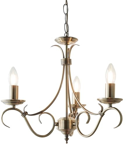National Lighting Brandon Decorative 3 Way Scrolled Arms Antique Brass Branch Arm E14 LED Compatible Pendant Ceiling Light