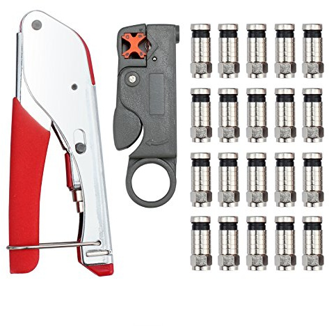 AMTOVL Coax Cable Compression Crimper Kit with Stripper and 20 F Connectors | Compression Crimping Tool and Rotary Cable Stripper, for RG58, RG59, RG6 and RG-62 Coaxial Cable Installation