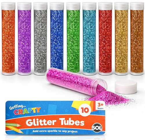 SOL 10pk Kids Glitter Tubes in 10 Assorted Vibrant Colours - Fine Glitter for Arts and Crafts, Slime, Card Making, Nail Art, and Decorations - Easy-Pour Shaker Pots for Kids and Adults