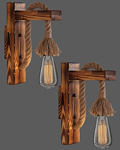 Applique Shabby Chic da Parete Legno, Applique da Parete Interno Vintage, Aplique Industrial Design Retro, Lampada-rio da Parete Rustico, Led a Muro E27, Luce Parete Camera da Letto (2 Pezzi, Marrone)