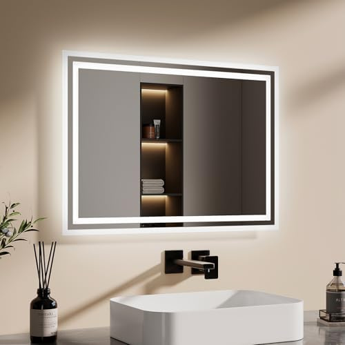 EMKE Badspiegel mit Beleuchtung 50x70cm Badezimmerspiegel mit Beschlagfrei, 2 Lichtfarbe, Kippschalter, Warmweißes Licht/Kaltweißes Licht Wandspiegel Horizontal/Vertikal